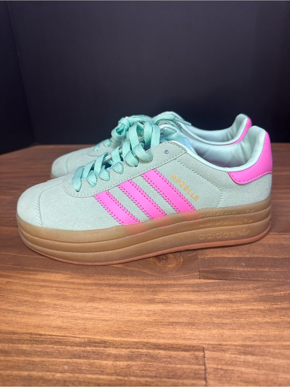 Adidas Gazelle Mint Green and Pink Suede Platform Sneakers - Picture 4 of 7
